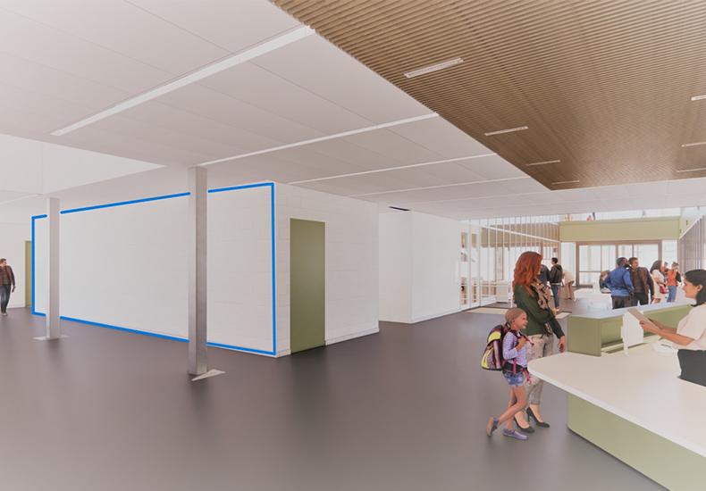 Sixteen Mile Community Centre, interior view of customer service desk entrance, architect’s rendering, designated wall for new artwork 2025.