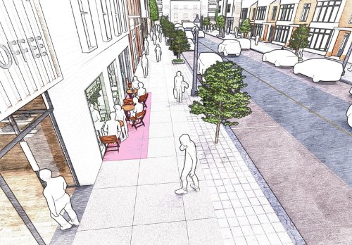 Bistro Patio: A simple, unenclosed patio consisting of only a few tables and chairs located on the sidewalk along the frontage of the business. 