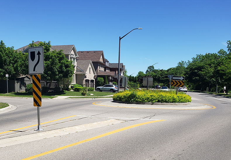 Traffic roundabouts are one of the traffic calming measures implemented in the Town of Oakville to help reduce traffic speed and volume.