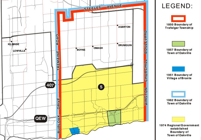 A map outlining the 1850 Boundary of Trafalgar Township, 1962 Boundary of Town of Oakville (western boundary - Burloak Drive  and Tremaine Road, northern boundary - Steeles Avenue, eastern boundary- Winston Churchill Boulevard, southern boundary - Lake Ontario); 1974 Regional Government established boundary of Town of Oakville; 1851 boundary of Village of Bronte; and the 1857 boundary of Town of Oakville.