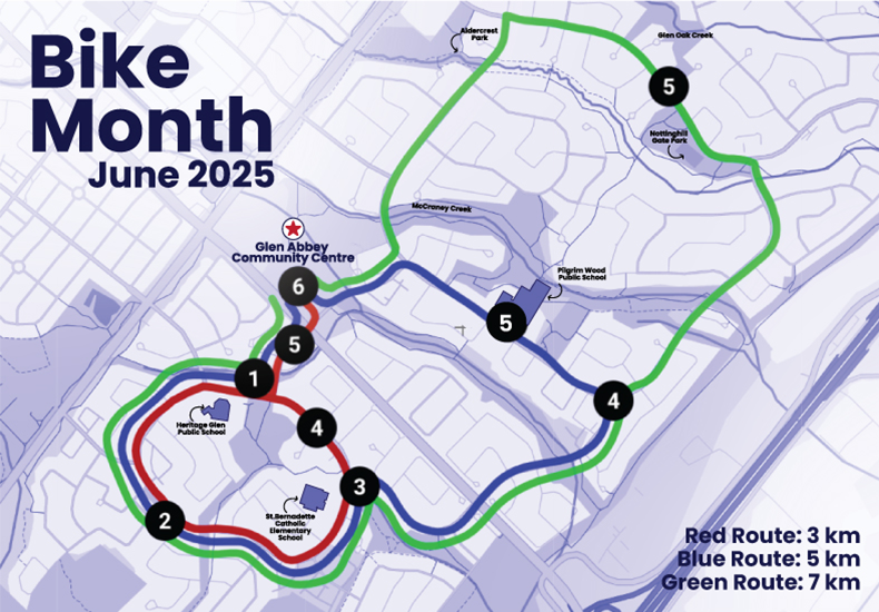 Bike Month 2025 - Community bike ride route map starting at Glen Abbey Community Centre