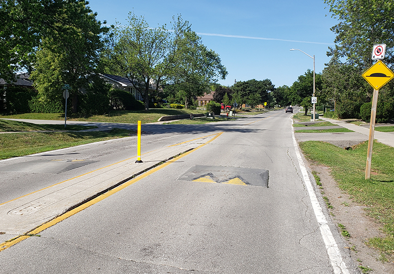 Concrete speed cushions are one of the traffic calming measures implemented in the Town of Oakville to help reduce traffic speed and volume.