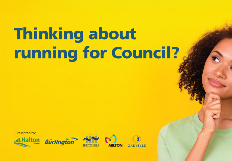 Person in thought. Accompanied by the words "Thinking about running for Council?"