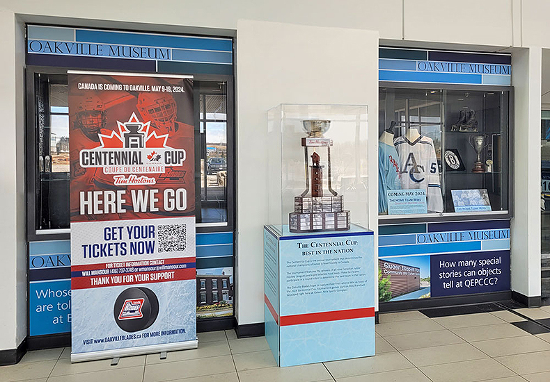 Centennial Cup trophy on display at Sixteen Mile Sports Complex.
