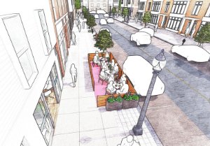 Enclosed Patio (Boulevard): An enclosed patio on the boulevard adjacent to the road. 