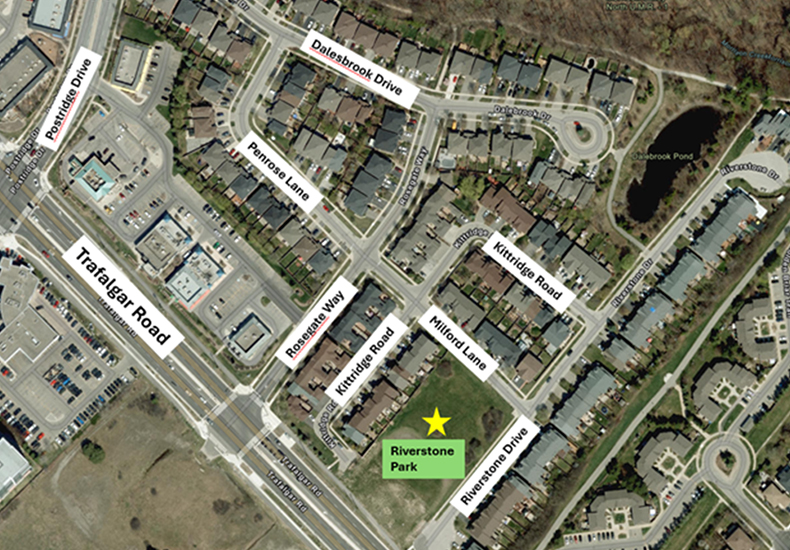 Map of the location of the new Riverstone Park at Trafalgar Road and Riverstone Drive.