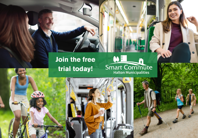 Promotional graphic for the Smart Commute Halton Municipalities Free Trial. Collage of photos of commuters. Text reads 