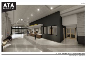Iroquois Ridge construction rendering - Customer service desk and entrance Iroquois Ridge construction rendering - Customer service desk and entrance
