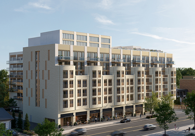 Building Concept of a seven-storey mid-rise building containing with ground floor retail space and 157 residential condominium units. 