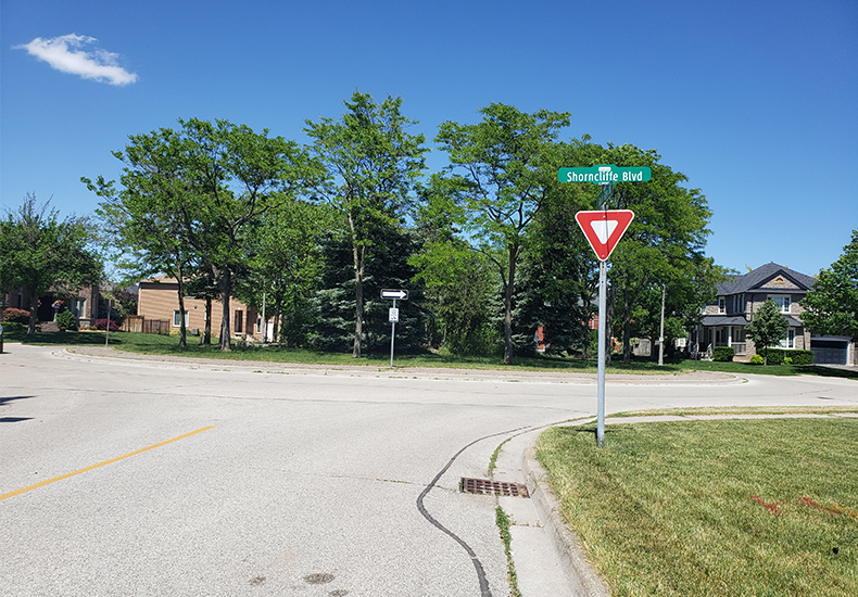 Traffic circles are one of the traffic calming measures implemented in the Town of Oakville to help reduce traffic speed and volume.