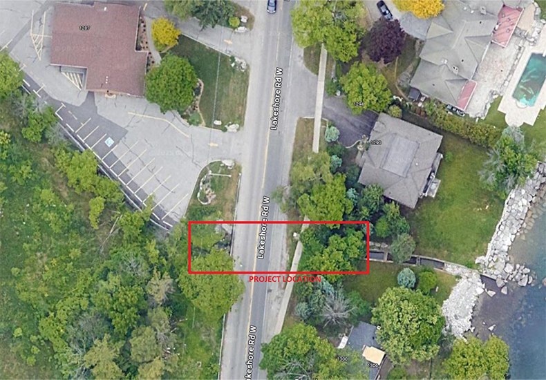 Arial view of culvert rehabilitation location at 1296 Lakeshore Road West.