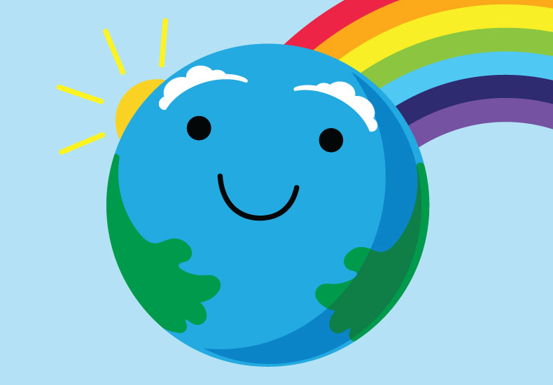 A smiling cartoon Earth with simple black eyes and a curved smile. Green land shapes hug the sides of the blue globe like arms, while a small yellow sun peeks out on the left and a rainbow arcs behind it against a blue sky.