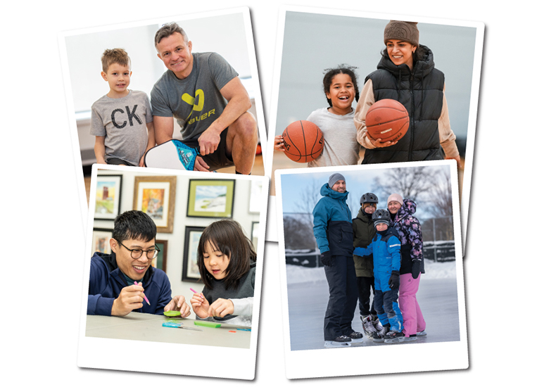Collage of four photos, each depicting parents and children participating in an activity including, ice skating, crafts and basketball.
