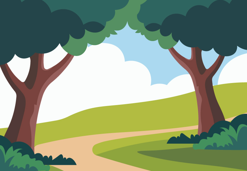 Illustration of a path leading between two large deciduous trees.