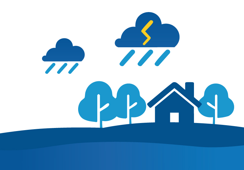Graphic of rain clouds over a house and trees.
