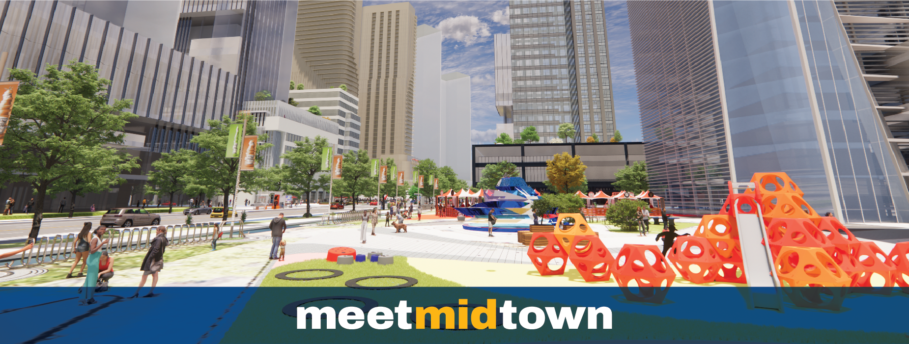 Meet Midtown - digital rendering of high rise buildings and public square/parkette with fountain and playground