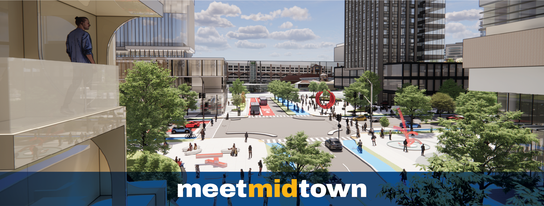 Meet Midtown - digital rendering of intersection with bike lanes, public art, tree-lined roads and multi-level buildings.