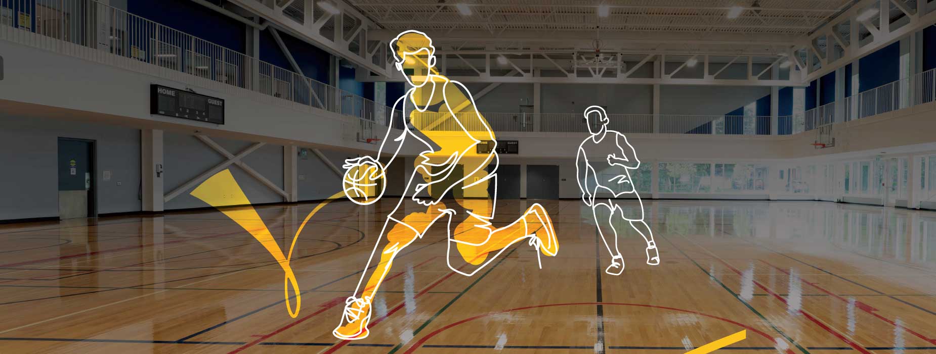 Photo of a gymnasium at a town recreation facility overlayed with an illustration of two people playing basketball.