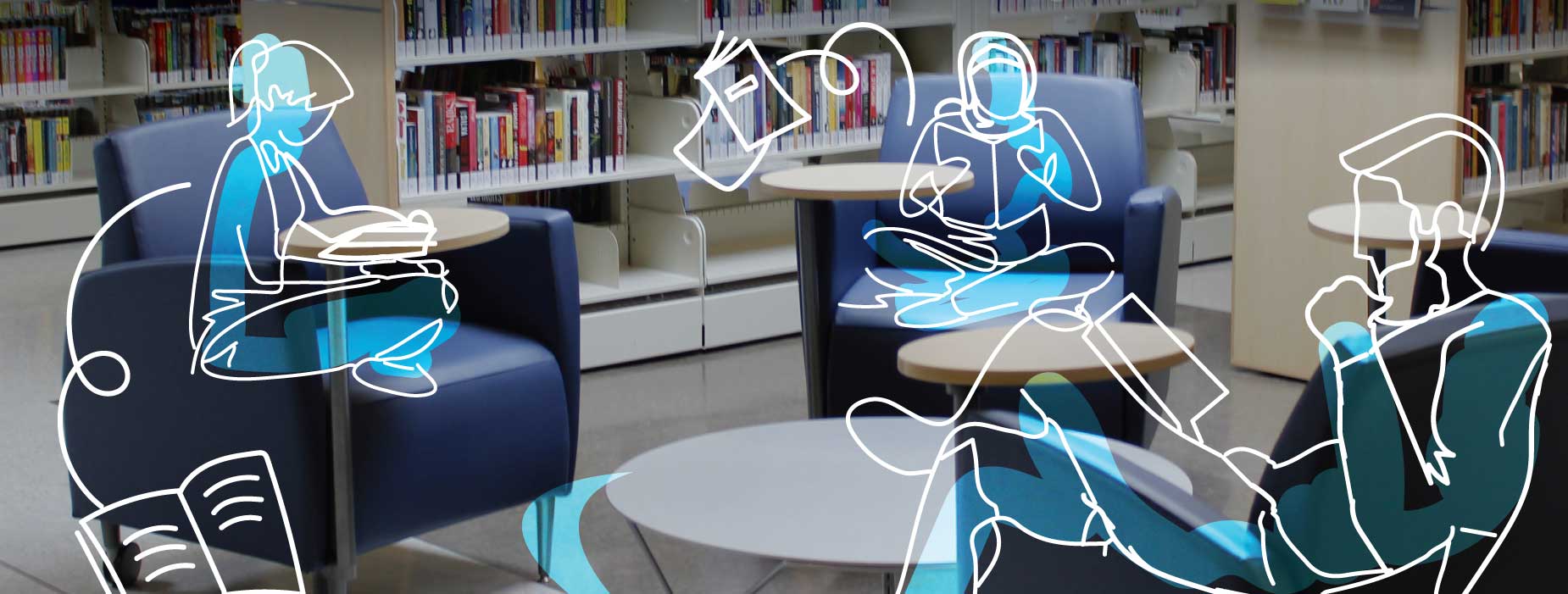 Parks, Recreation and Libraries Master Plan - Libraries Photo of a low table and three chairs surrounded by library shelves overlayed with an illustation of three people sitting on the chairs and reading.
