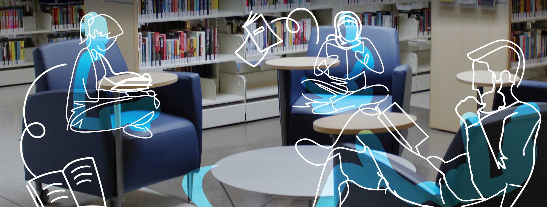 Photo of a low table and three chairs surrounded by library shelves overlayed with an illustation of three people sitting on the chairs and reading.