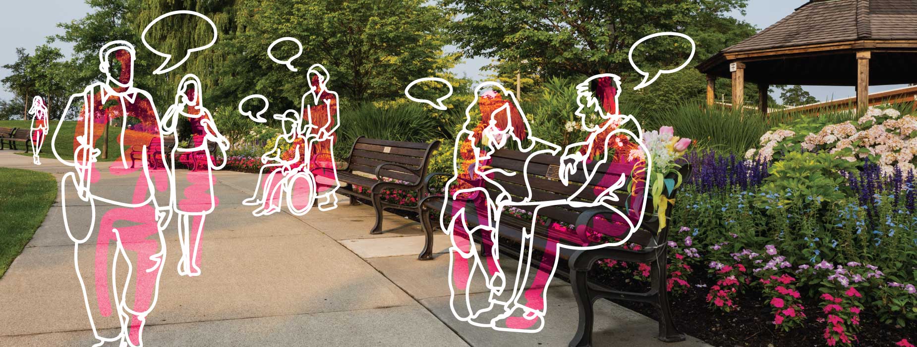 Photo of a park trail, benches and gardens overlayed with illustrations of people walking along the path and sitting on the benches with speech bubbles over their heads.